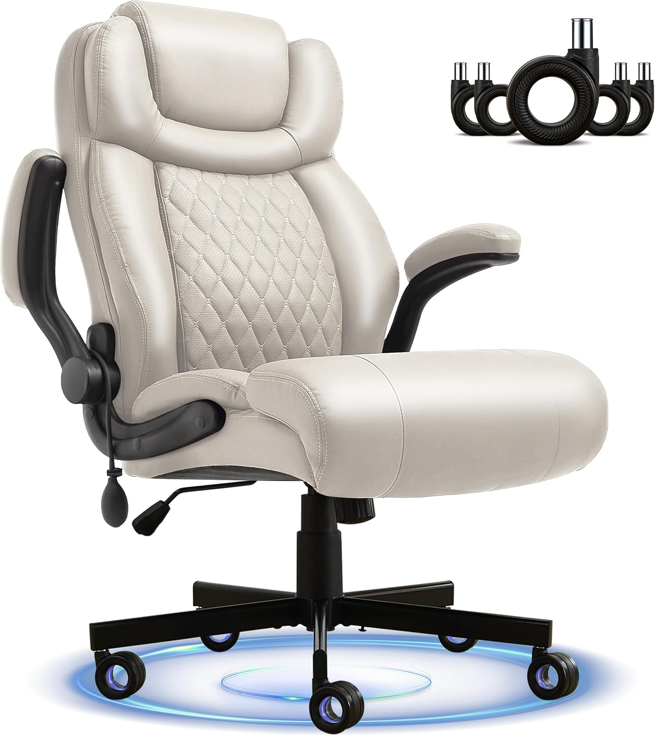 Office Chair, Big and Tall Executive Chairs with Lumbar Support for Back Pain, Breathable Desk Computer Chair with Adjustable Flip-up Armrests, Wide Cushion Swivel Home Office Chair Beigewhite