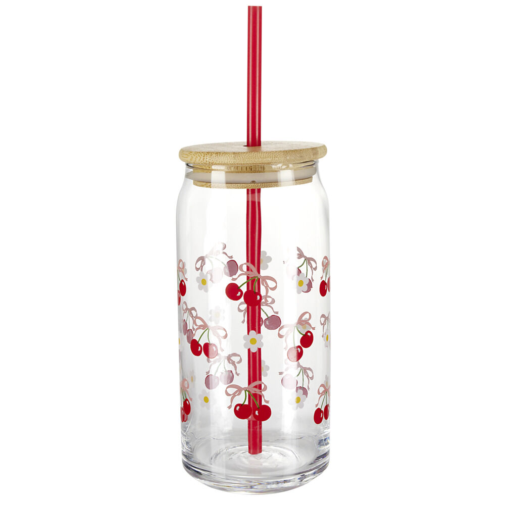 Gobelet en verre motif cerise avec paille et couvercle bambou 600ml