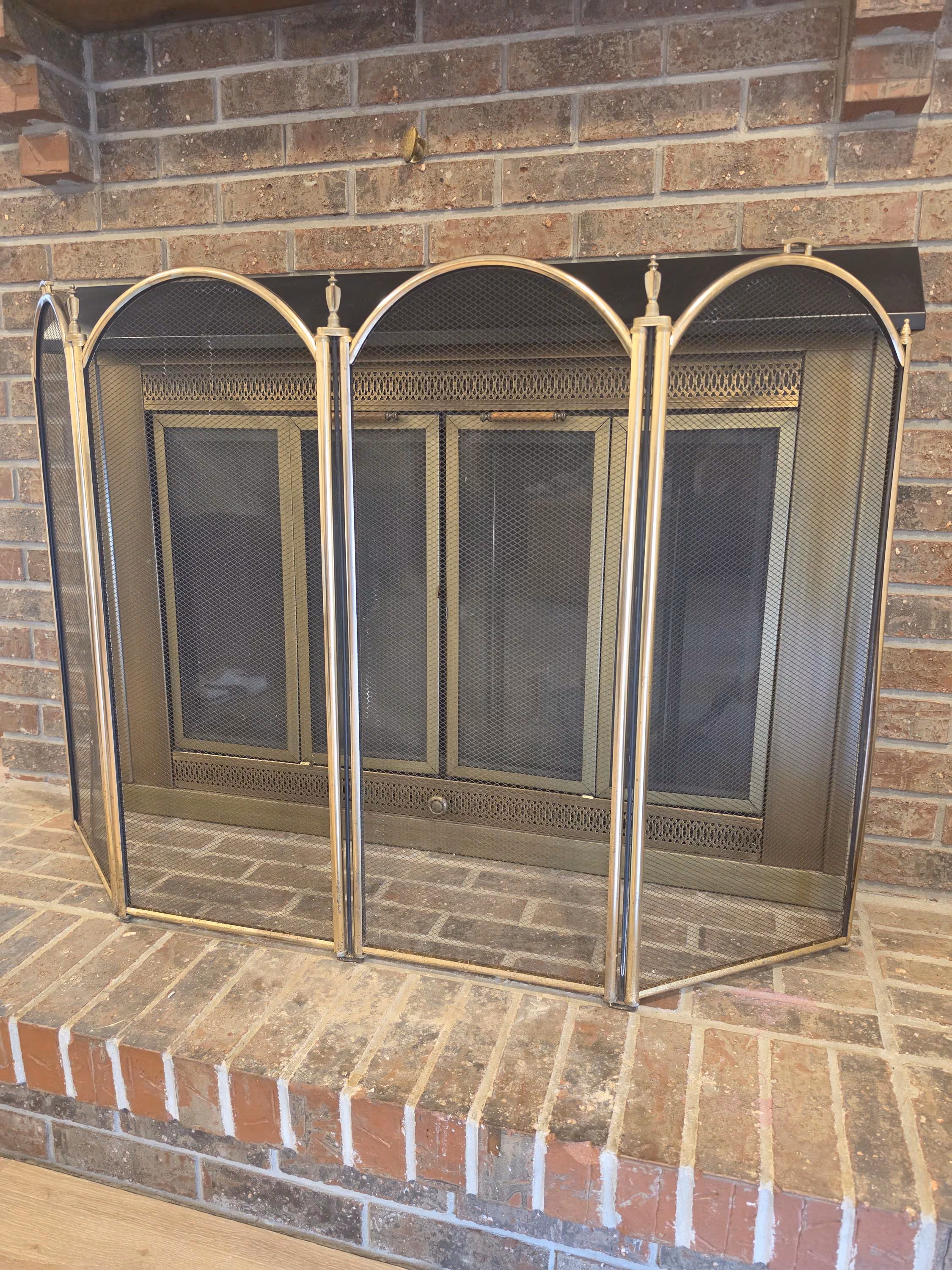 Vintage Brass Fireplace Screen 4 Panel Folding Mesh Fire Guard | Arched Hollywood Regency Hearth Screen | Mid Century Fireplace Decor