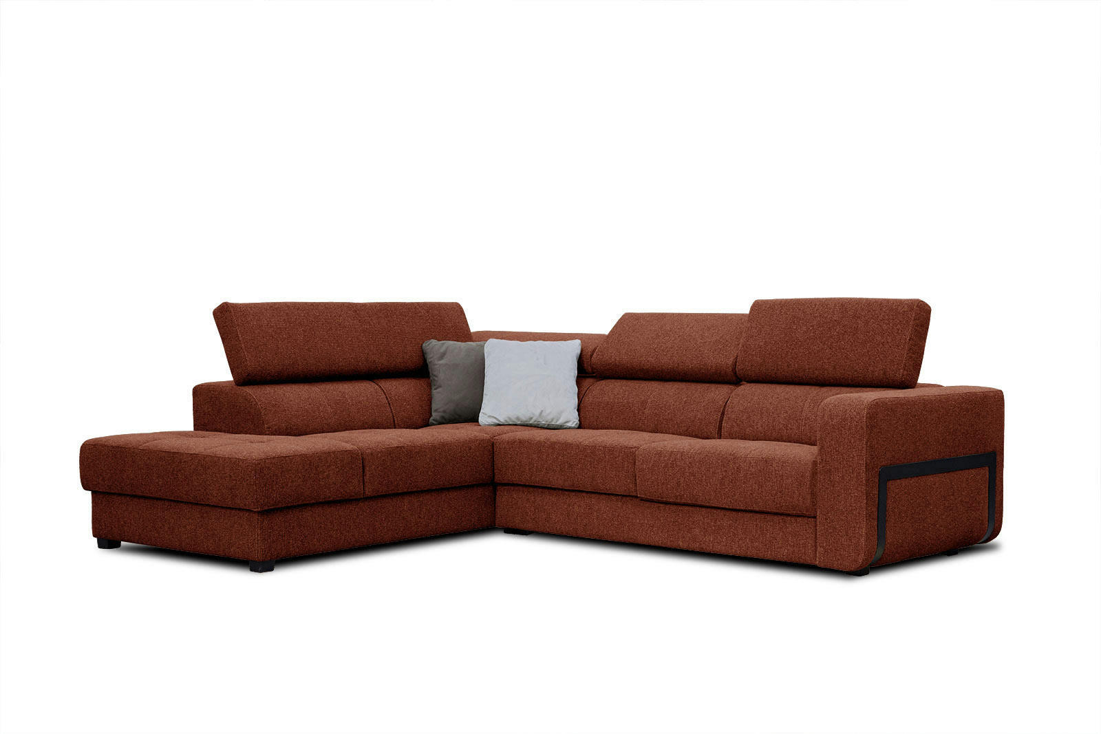 BERGO - Canapé d'angle gauche 5 places en tissu brique avec coussins déco