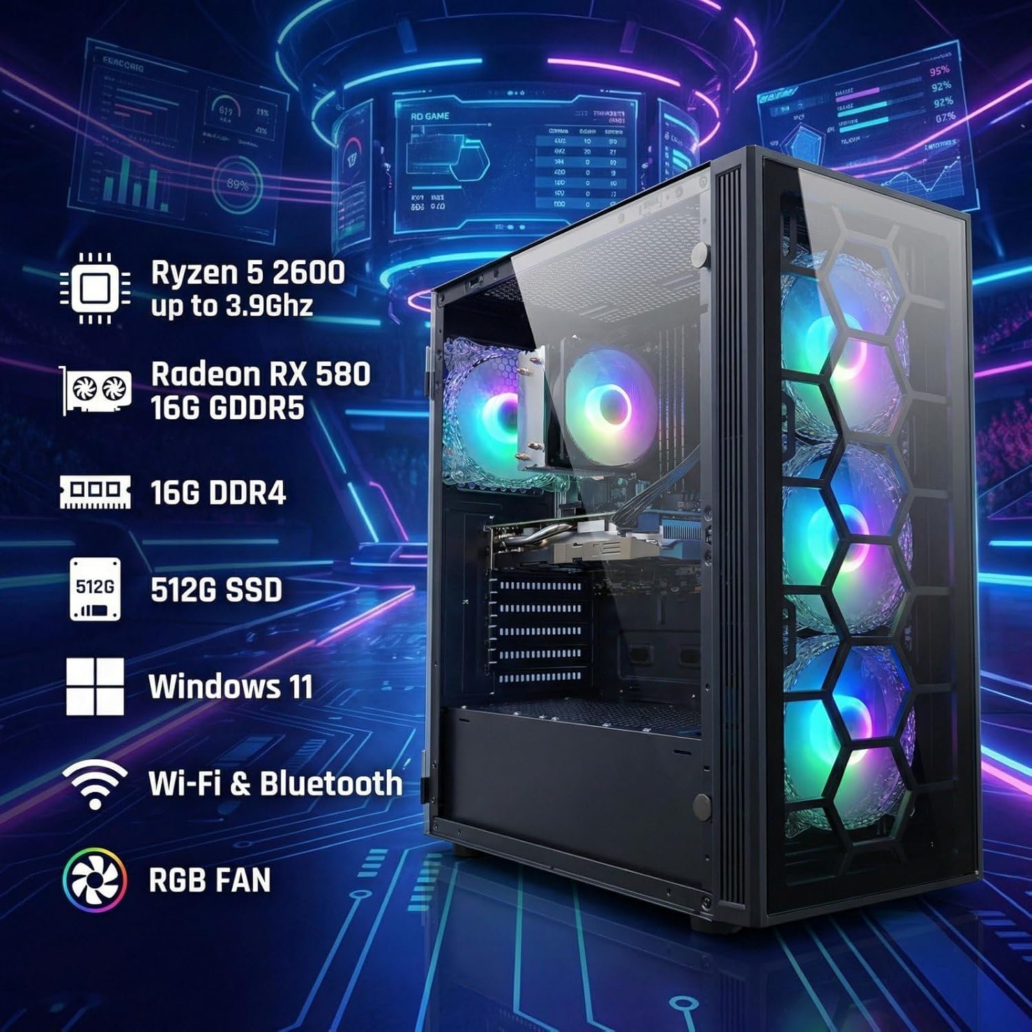 STGAubron Gaming PC Desktop  AMD Ryzen 5 2600 up to 3.9G  Radeon RX 580 16G  16G DDR4  512G SSD  WiFi 6  BT 5.0  RGB Fan x4  Windows 11 Home