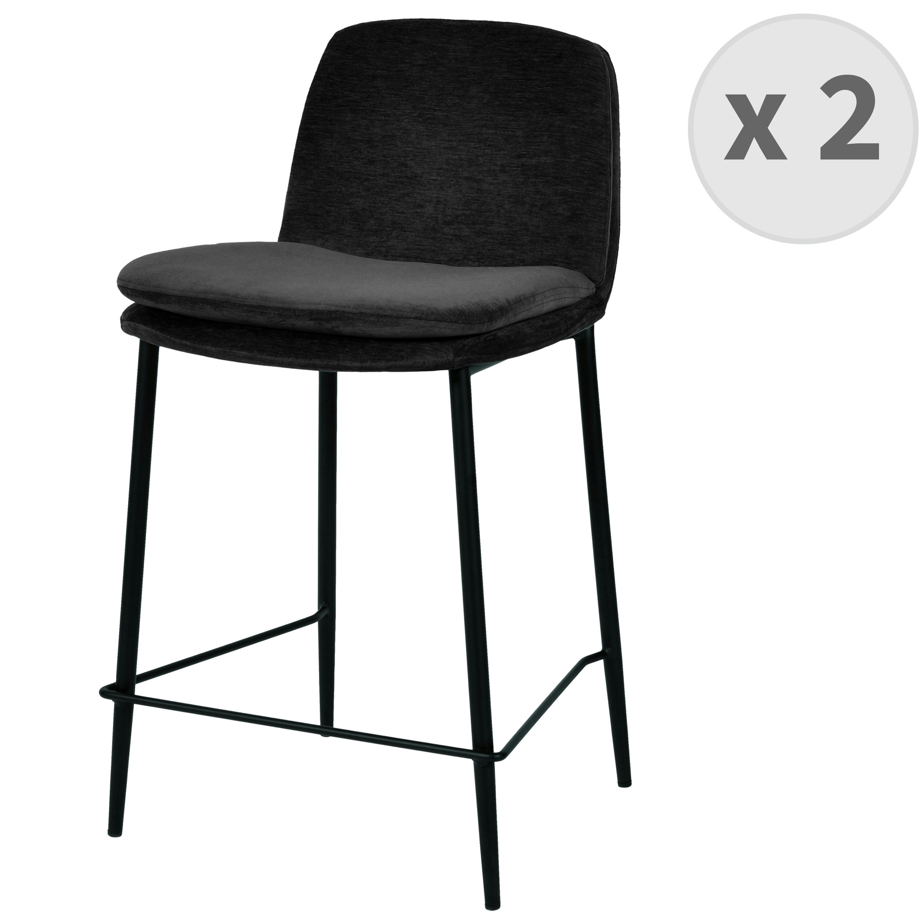 NOLAN - Chaise de bar tissu chenillé Noir et métal noir mat (x2)
