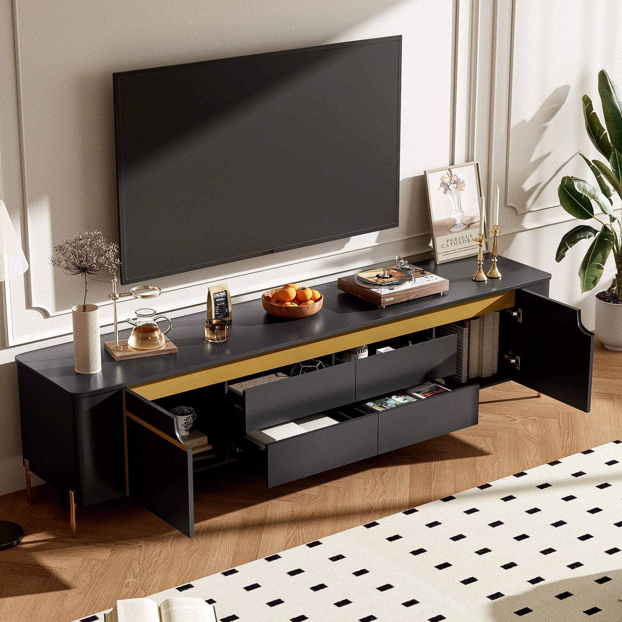 74.8 Inch Light Luxury TV Stand with Ample Storage and Five Metal Legs for Up to 80 Inch TVs
