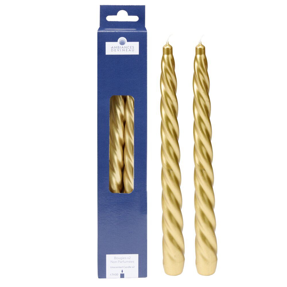 Bougie cire X2 pcs forme flambeau torsadé H25 cm doré