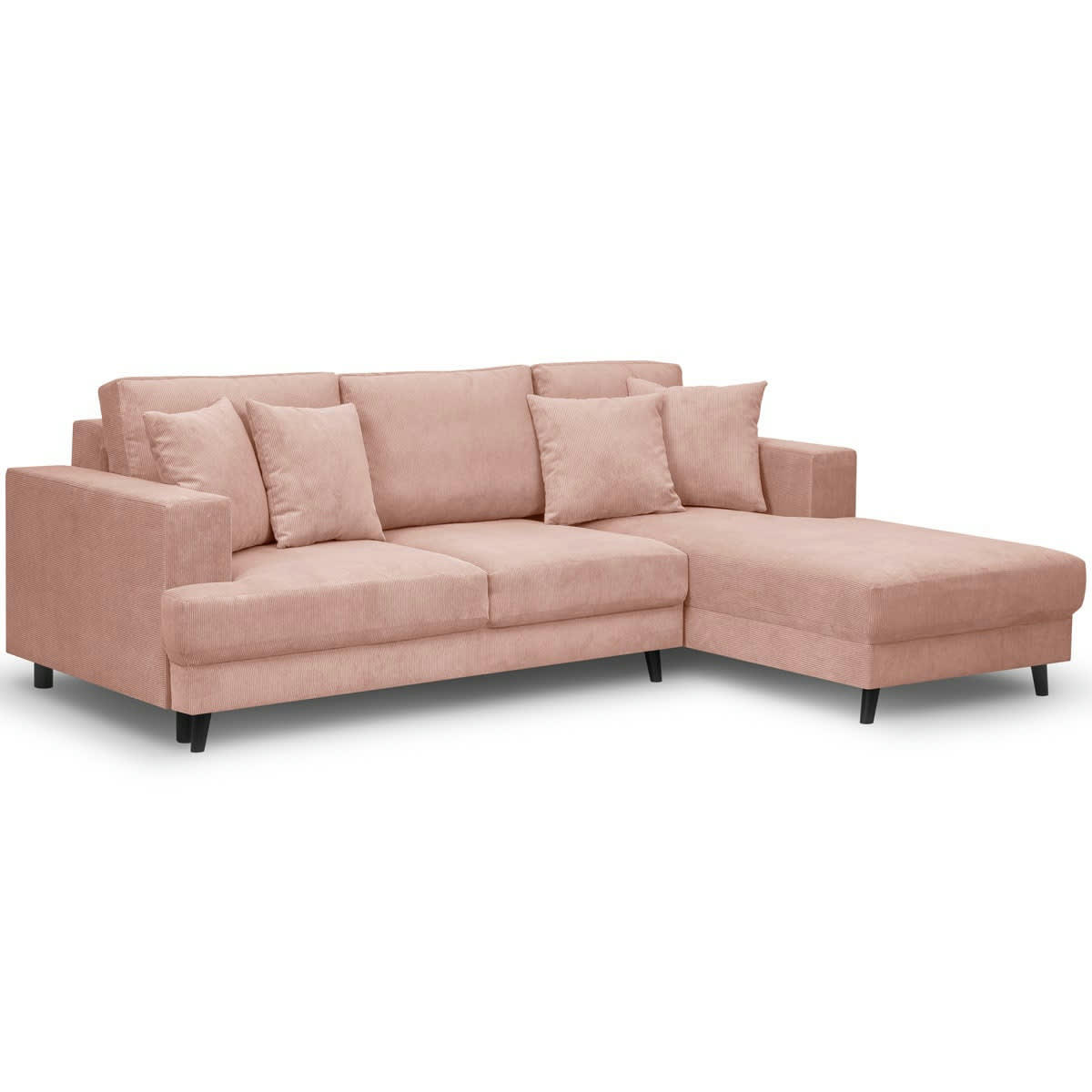 MARCEAU - Canapé d'angle droit convertible 4 places en velours côtelé rose pâle