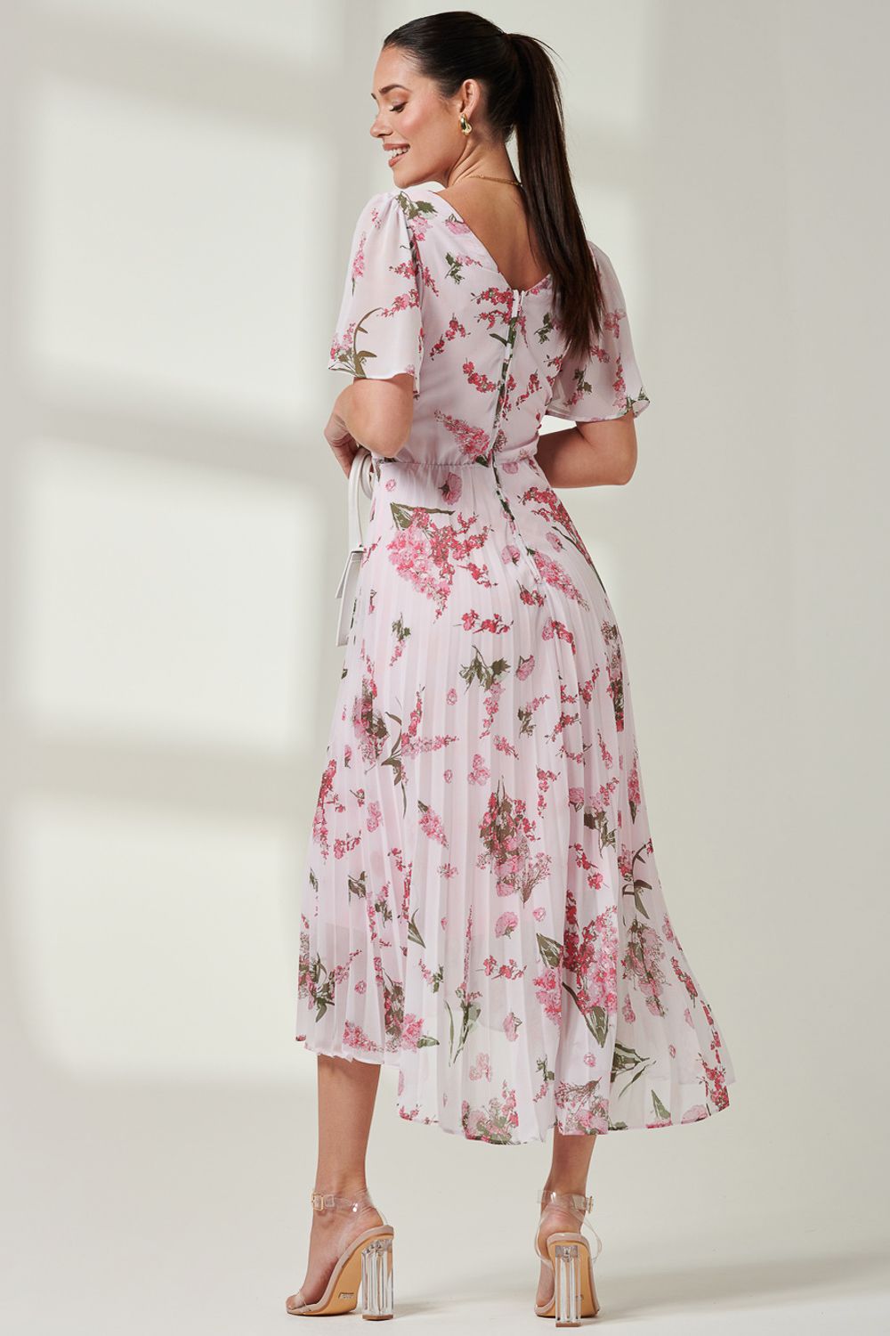 Jolie Moi Floral Pleated Chiffon Dip Hem Dress