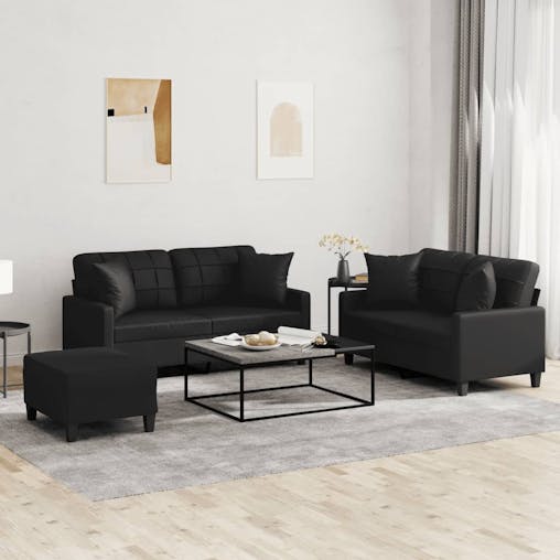 NNEVL 3 Piece Sofa Set with Pillows Black Faux Leather
