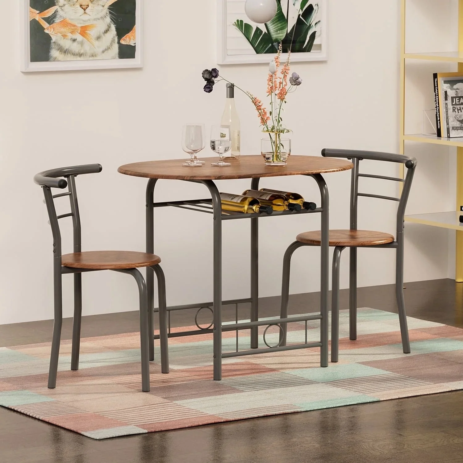 Furniwell 3 PC Dining set Small Dining Table Wood and Metal for Living Room Dining Room Kitchen