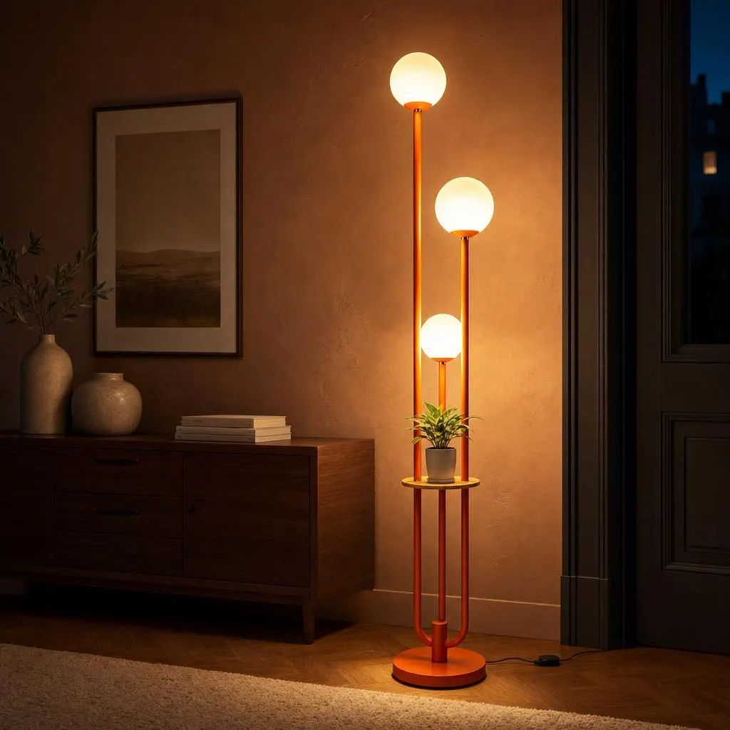 Orange 3 Globe Floor Lamp with Shelf, Mid Century Modern Dimmable Light Living Room