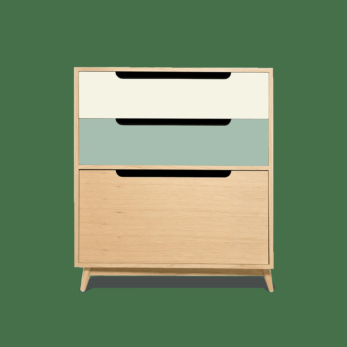 MOKA - Commode peu profonde couleur chene et bicolore blanc sable et vert.