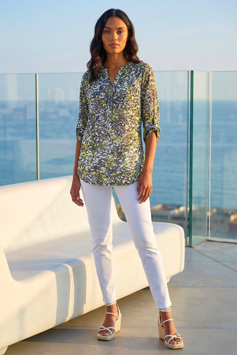 Roman Animal Print Burnout V-Neck Stretch Shirt