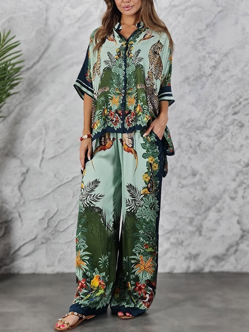 Exotic Jungle Print Batwing Sleeve Shirt & Wide Leg Pants Set