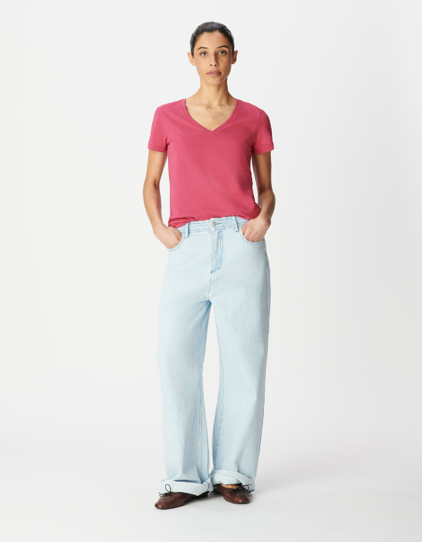 Tee-shirt col V rose Femme
