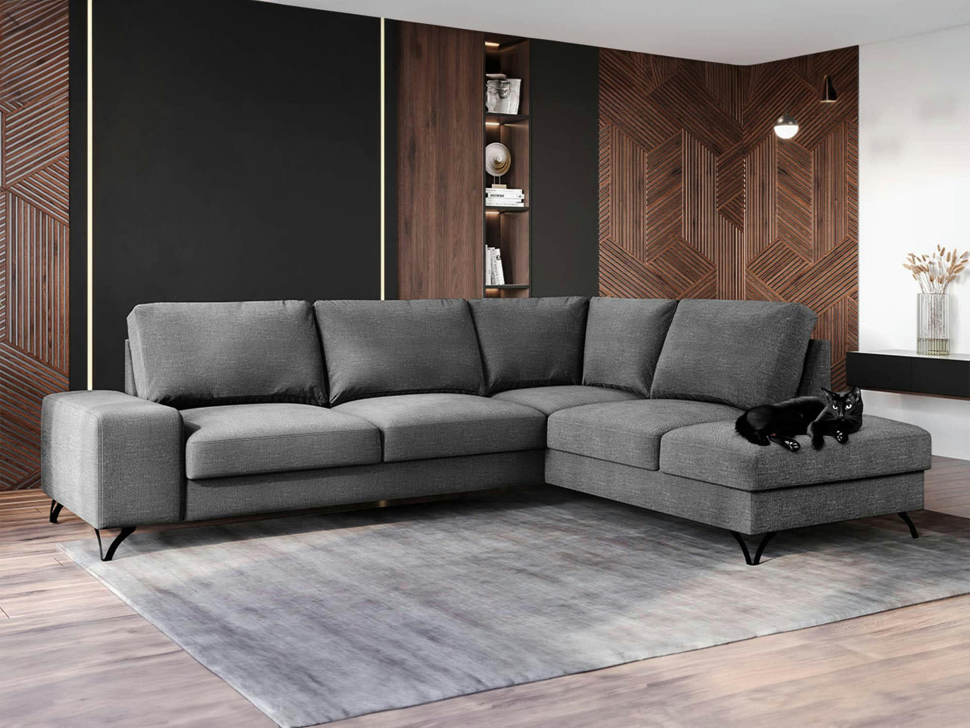 RUBENS - Canapé d'angle droit convertible 5 places en tissu gris