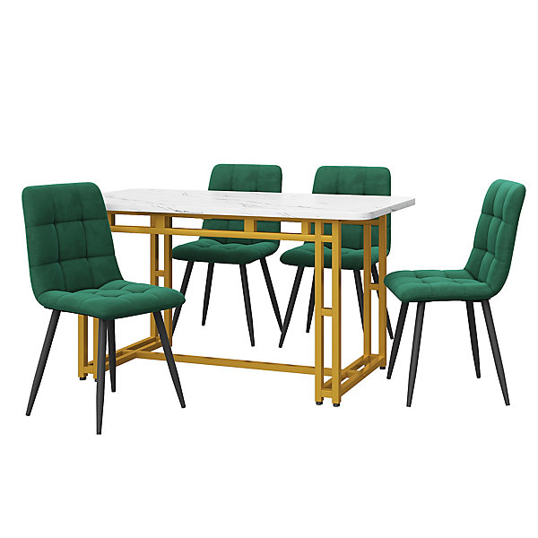 Ensemble Table et Chaises, Table Rectangulaire en MDF avec 4 Chaises en Velours, Style Moderne, Blanc et Vert Foncé, 120x70 cm