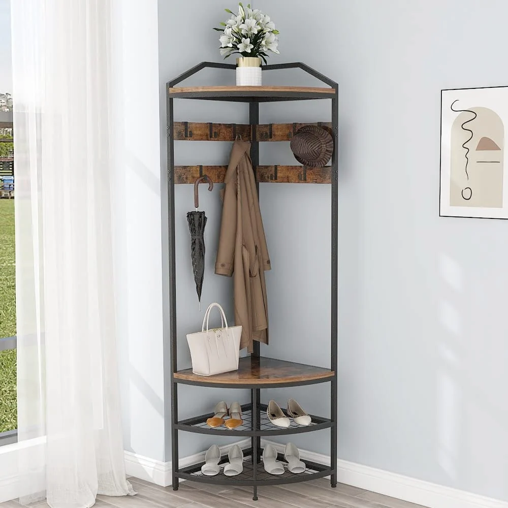 Entryway Hall Tree with Shoe Bench Entryway Coat Rack with 10 Metal Movable Hooks Wooden Clothes Rack Shoes Shelf Organizer