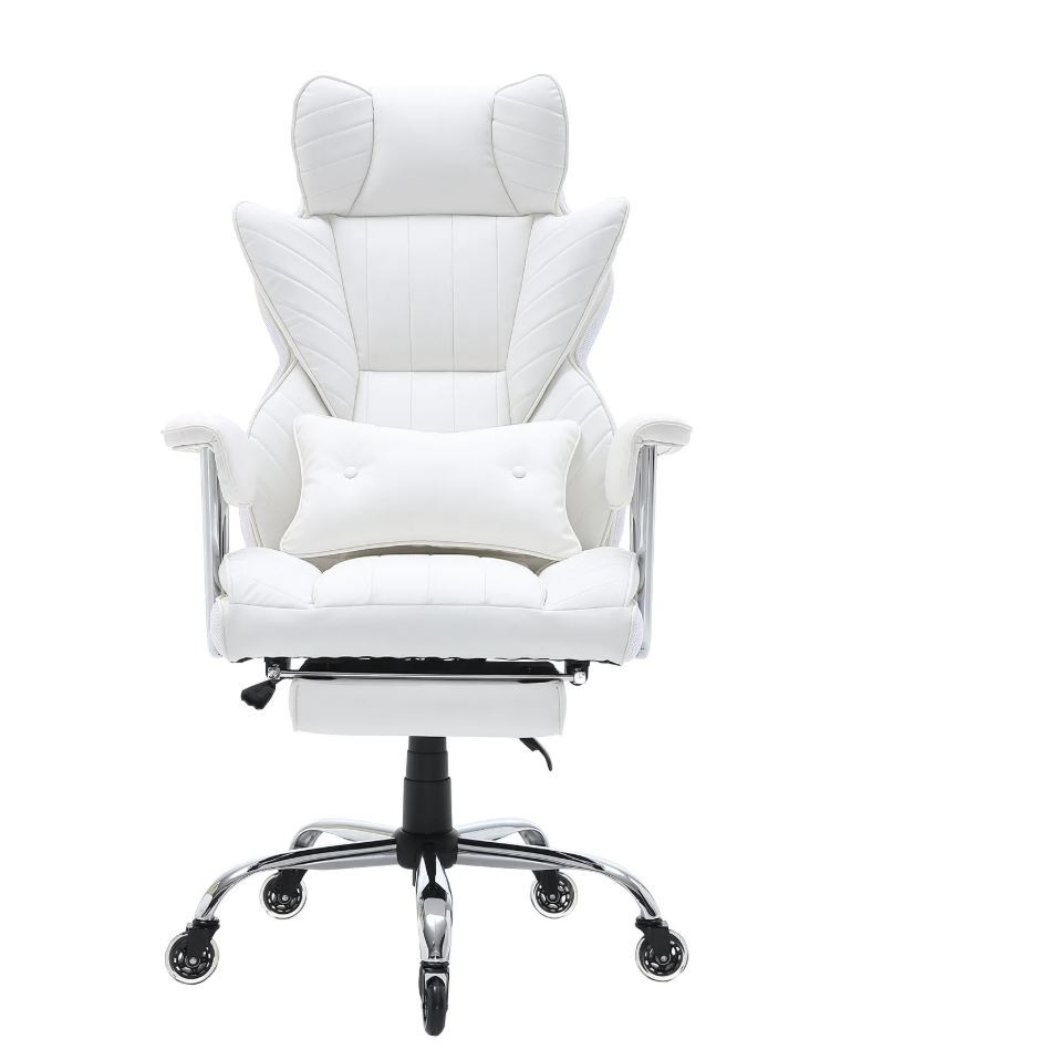 Fotel biurowy z podnóżkiem – ergonomiczny z podparciem lędźwiowym biały