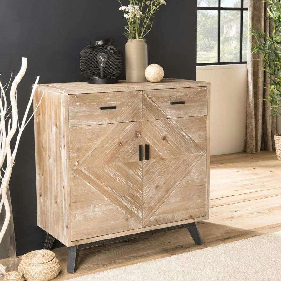 ANDRO - Buffet 2 tiroirs 2 portes beige pieds en sapin noir