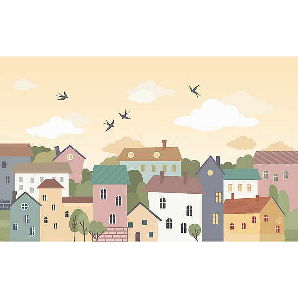 Papier peint panoramique intissé village coloré jaune, marron, beige, 9 lés, L.280 x l.450cm IDPanneaux
