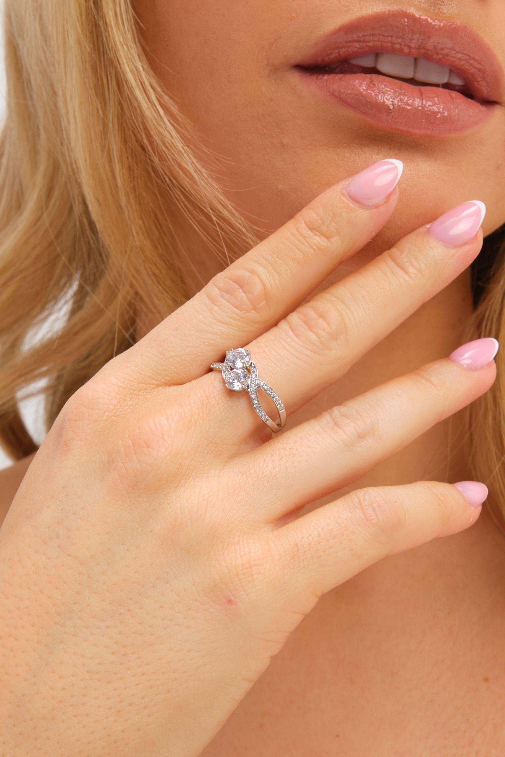 Jon Richard Rhodium Plated Cubic Zirconia Double Stone Ring
