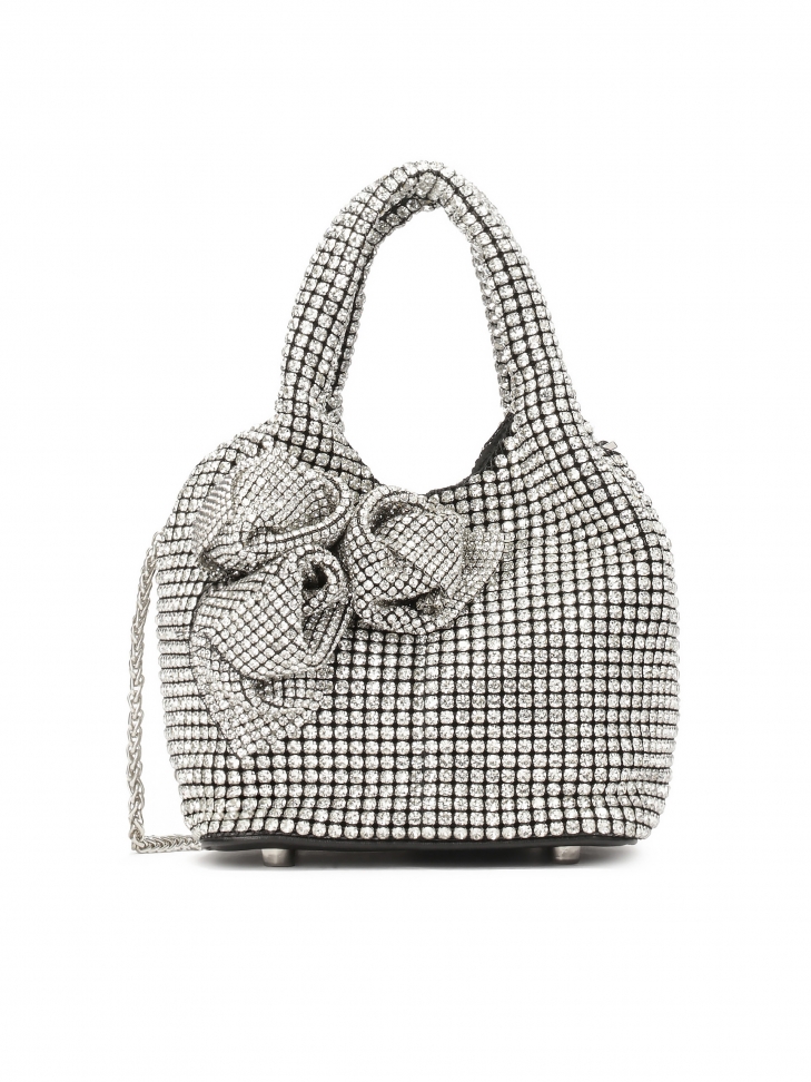 Shiny handbag with zircons and 3D flowers