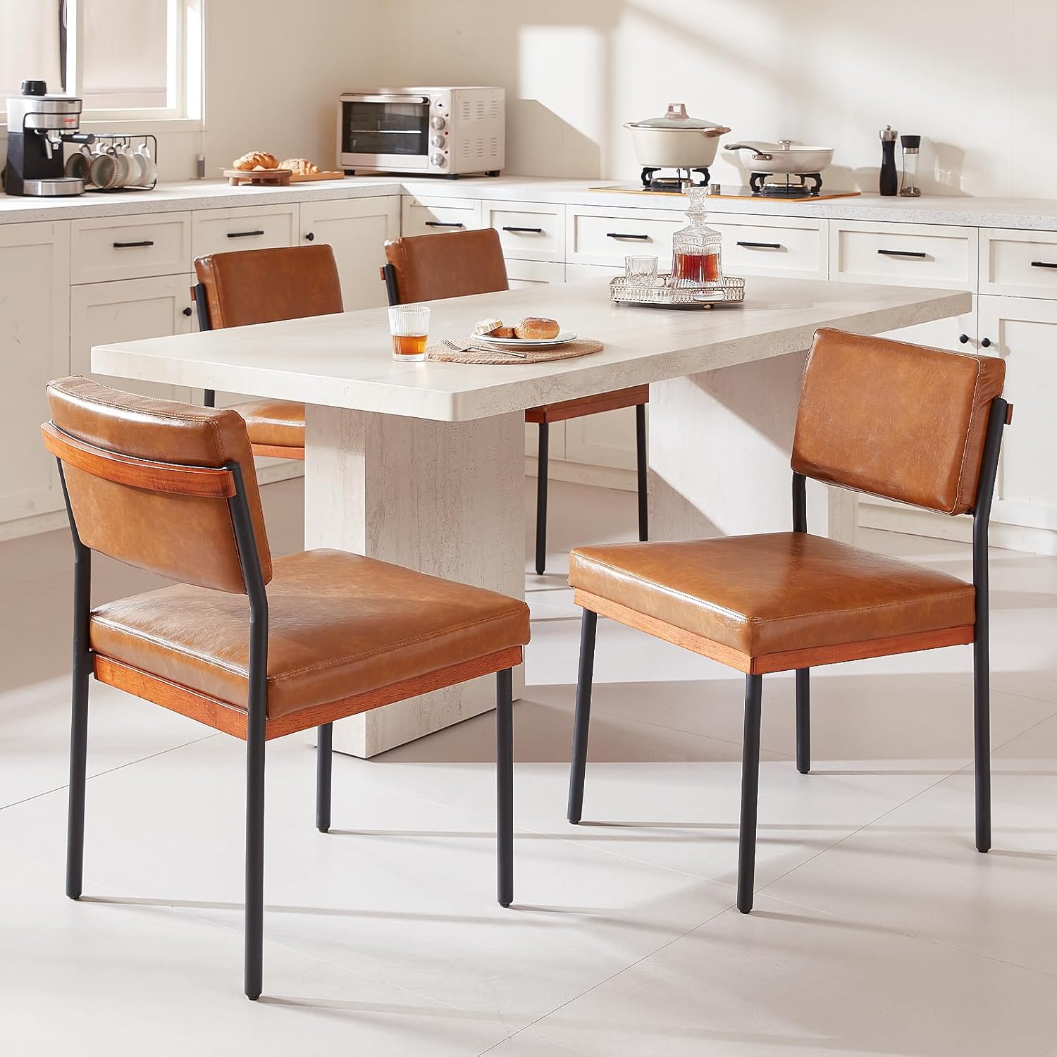 Modern Dining Chairs Set of 4, Kitchen Chairs with Thick Cushions and Adjustable Foot Pads, Upholstered Faux Leather Dining Room Chairs with Sturdy Metal Legs,Brown