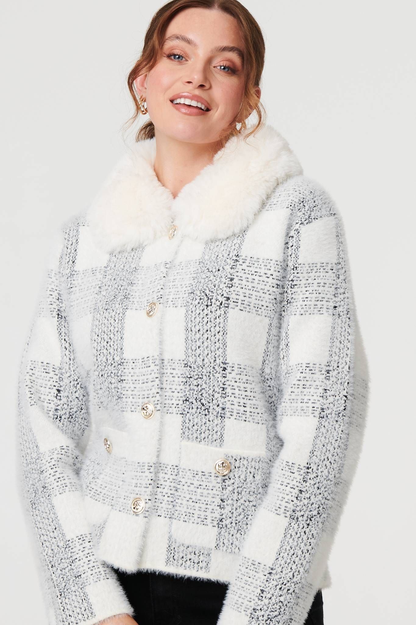 Izabel London Checked Faux Fur Collar Boxy Jacket