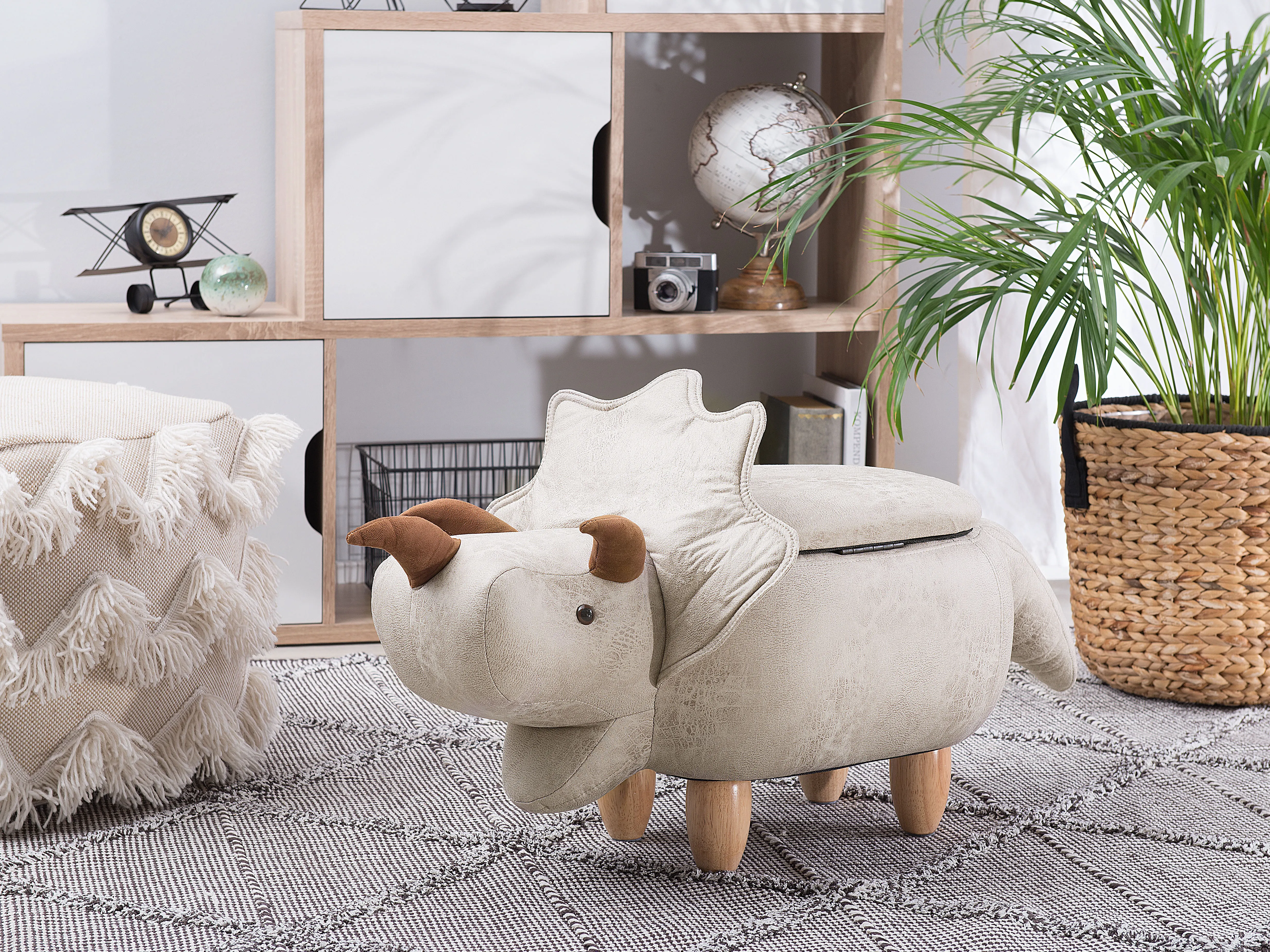 Storage Animal Stool TRICERATOPS Fabric Light Grey Dinosaur