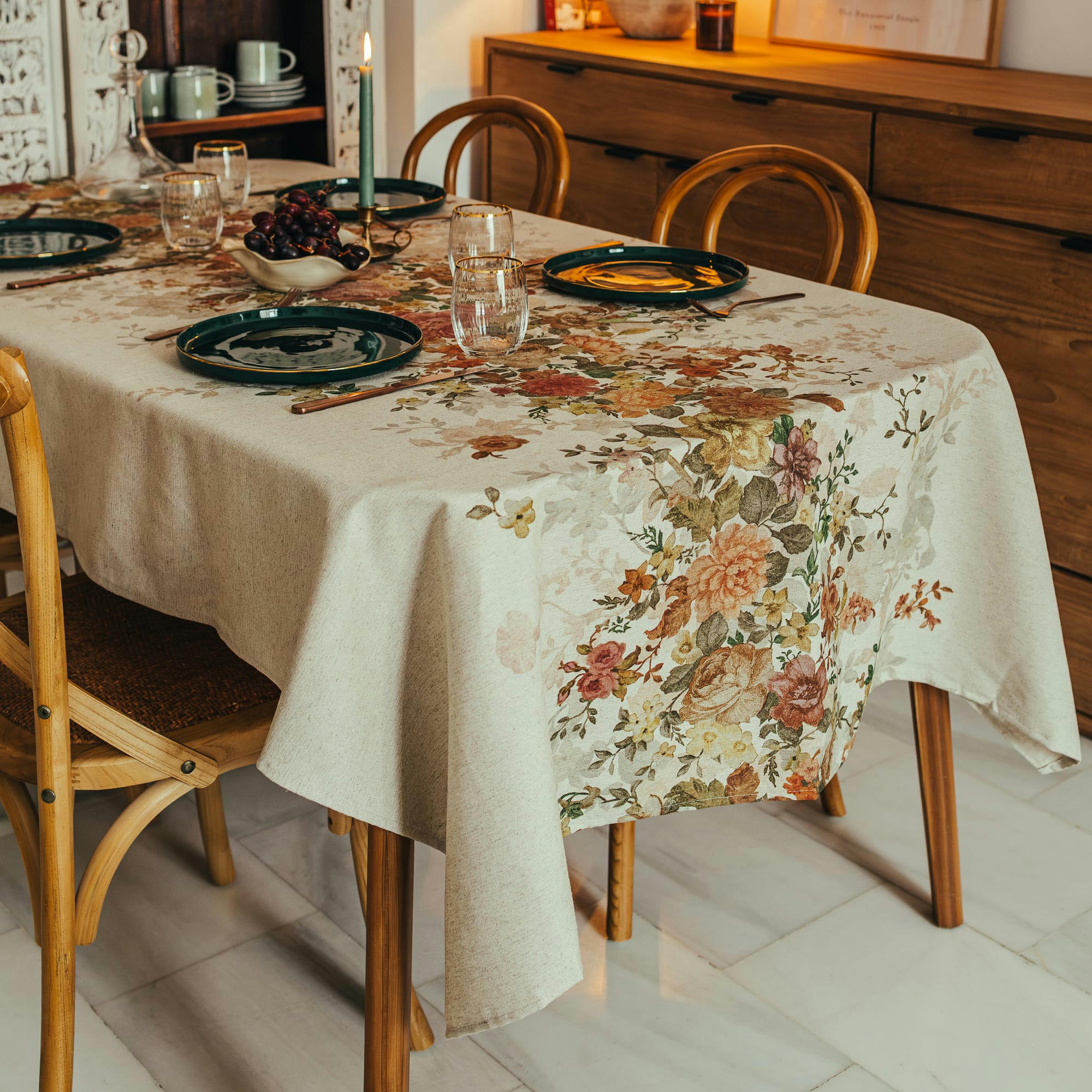 WENDY LINO - Nappe en lin imprimée taupe avec traitement anti-taches 140x100 cm