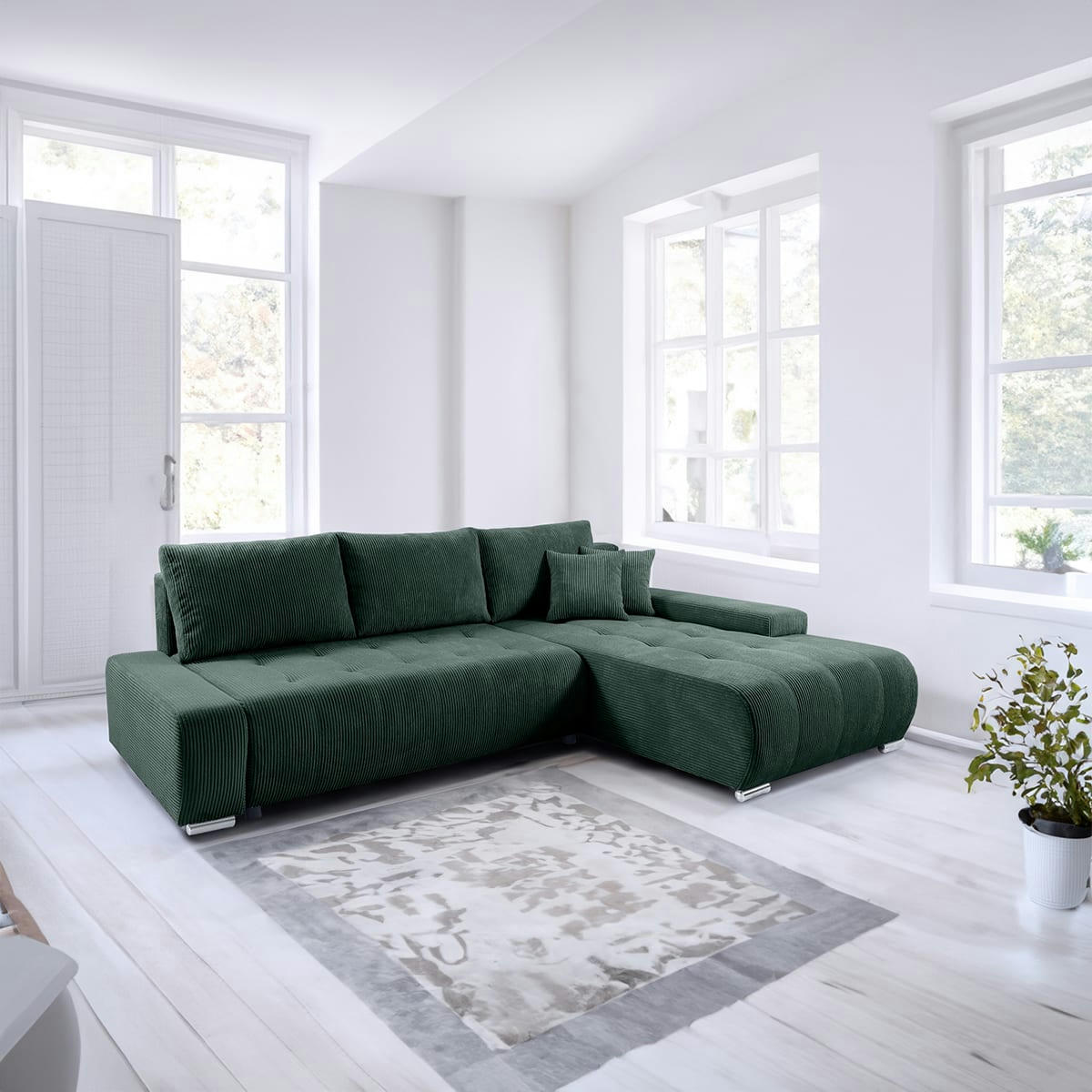 - Canapé d'angle convertible droit 4 places coffre velours côtelé vert