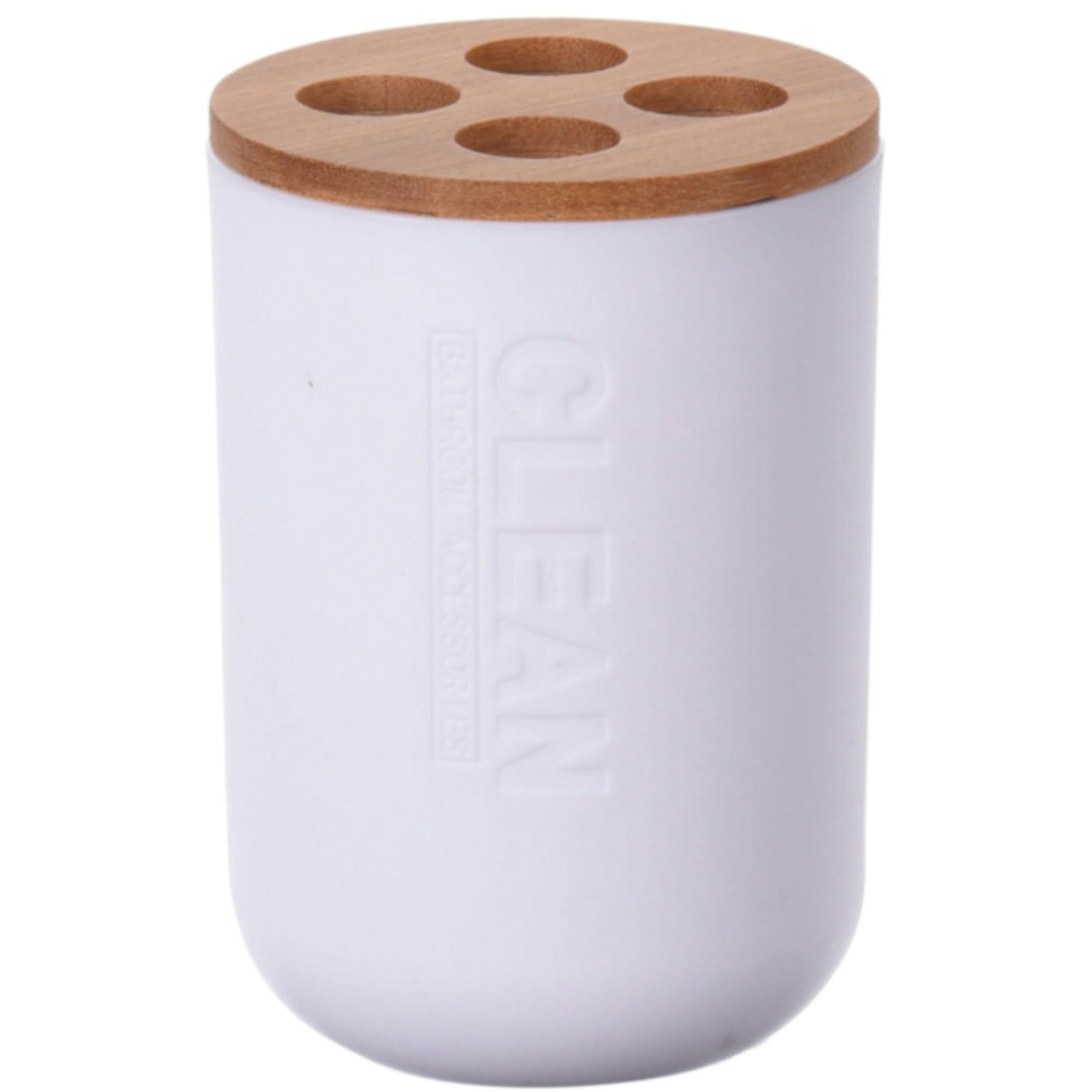 - Porte brosses à dents blanc et bambou - 7x11cm