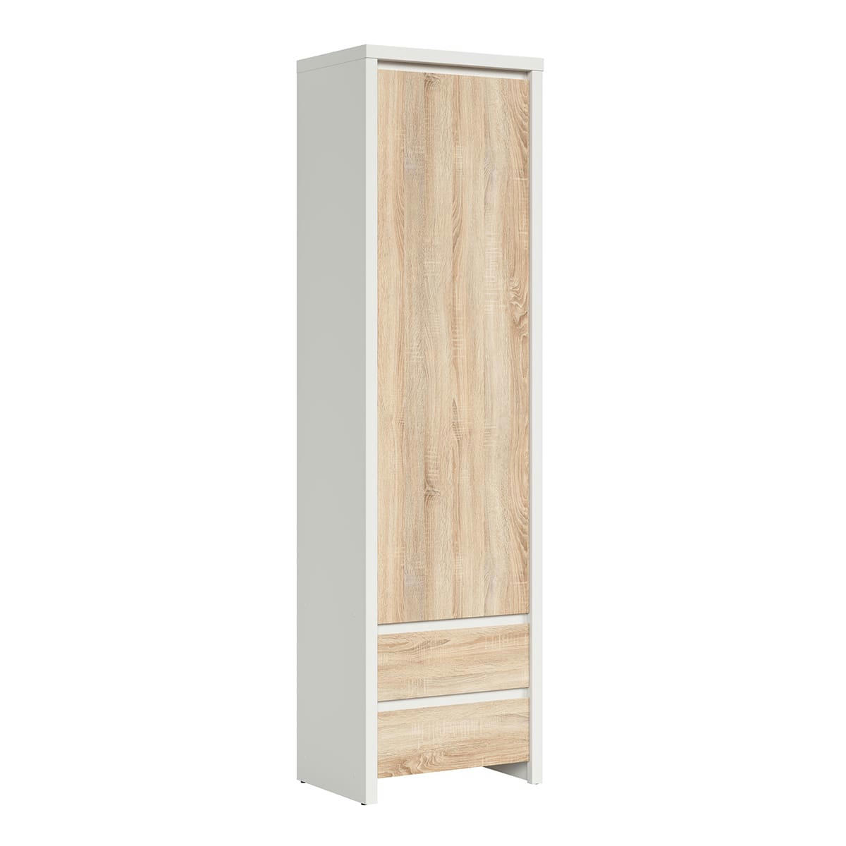 - Armoire colonne 1 porte 2 tiroirs panneaux agglomérés naturel et blanc