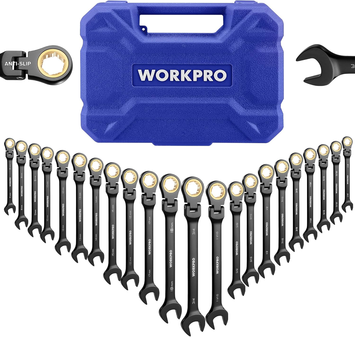 WORKPRO 22-piece Ratcheting Wrench Set with 180° Flex Head, Anti-Slip Tooth, Combination Wrench Sets with Organizer Box, Metric 6-18mm & SAE 1/4-3/4, Black Electrophoretic Coating
