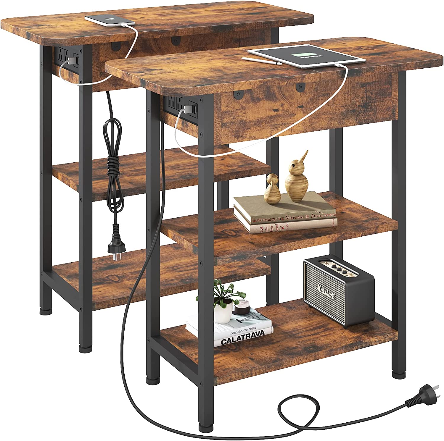 End Table with Charging Station, Flip Top Side Table with USB Ports and Outlets, Nightstand for Small Spaces, Bedside Tables with Storage Shelf for Living Room, Bedroom