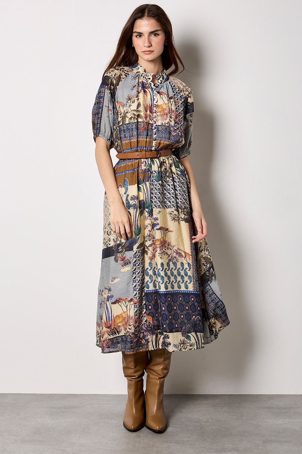 Apricot Patchwork Print Midi Dress