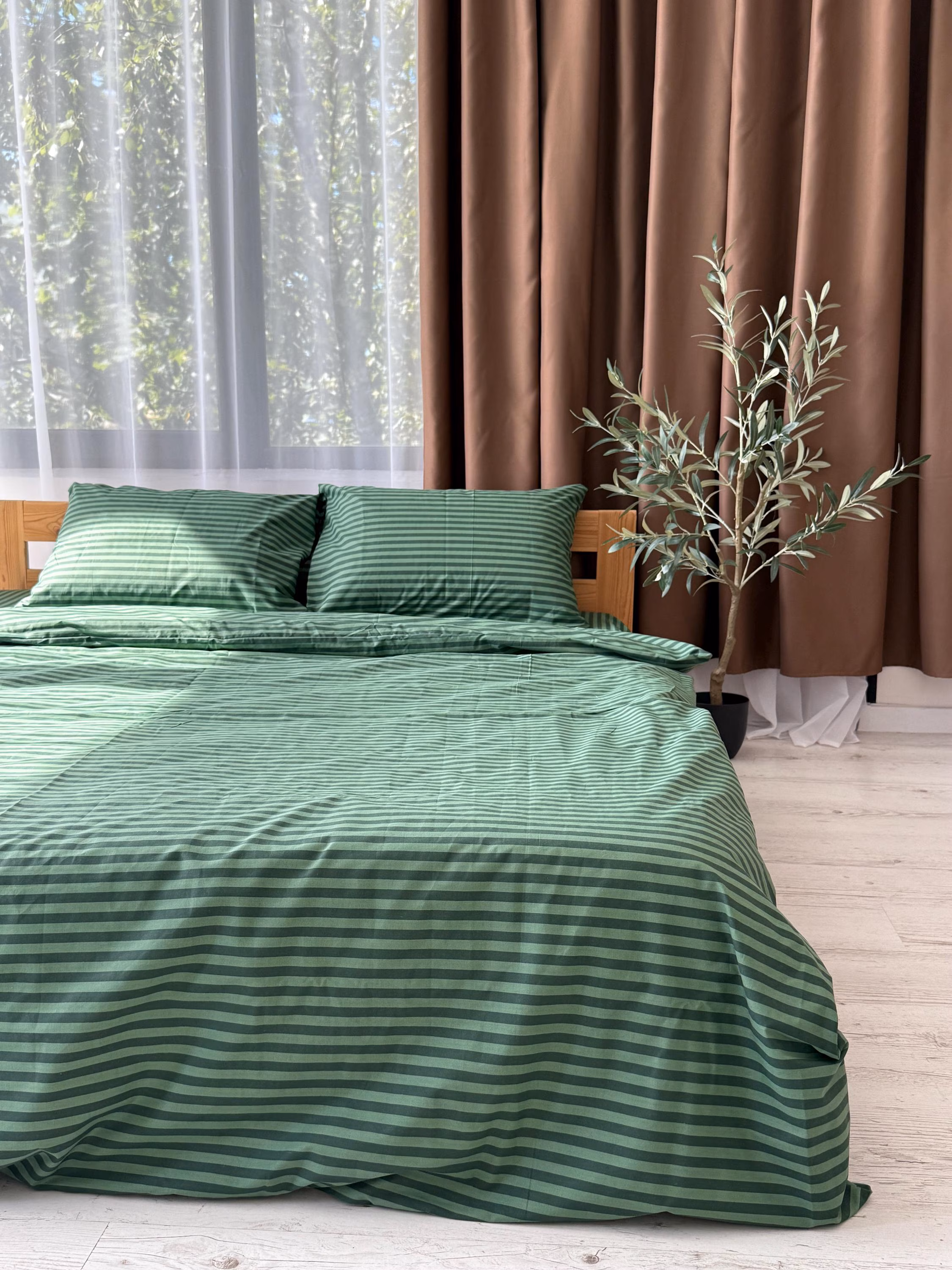 Green Stripe Cotton Duvet Cover Set with Striped Pillowcases, Aesthetic Bedroom Decor