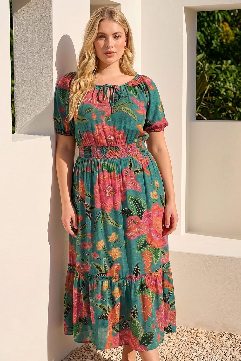 Roman Curve Floral Shirred Waist Midi Dress