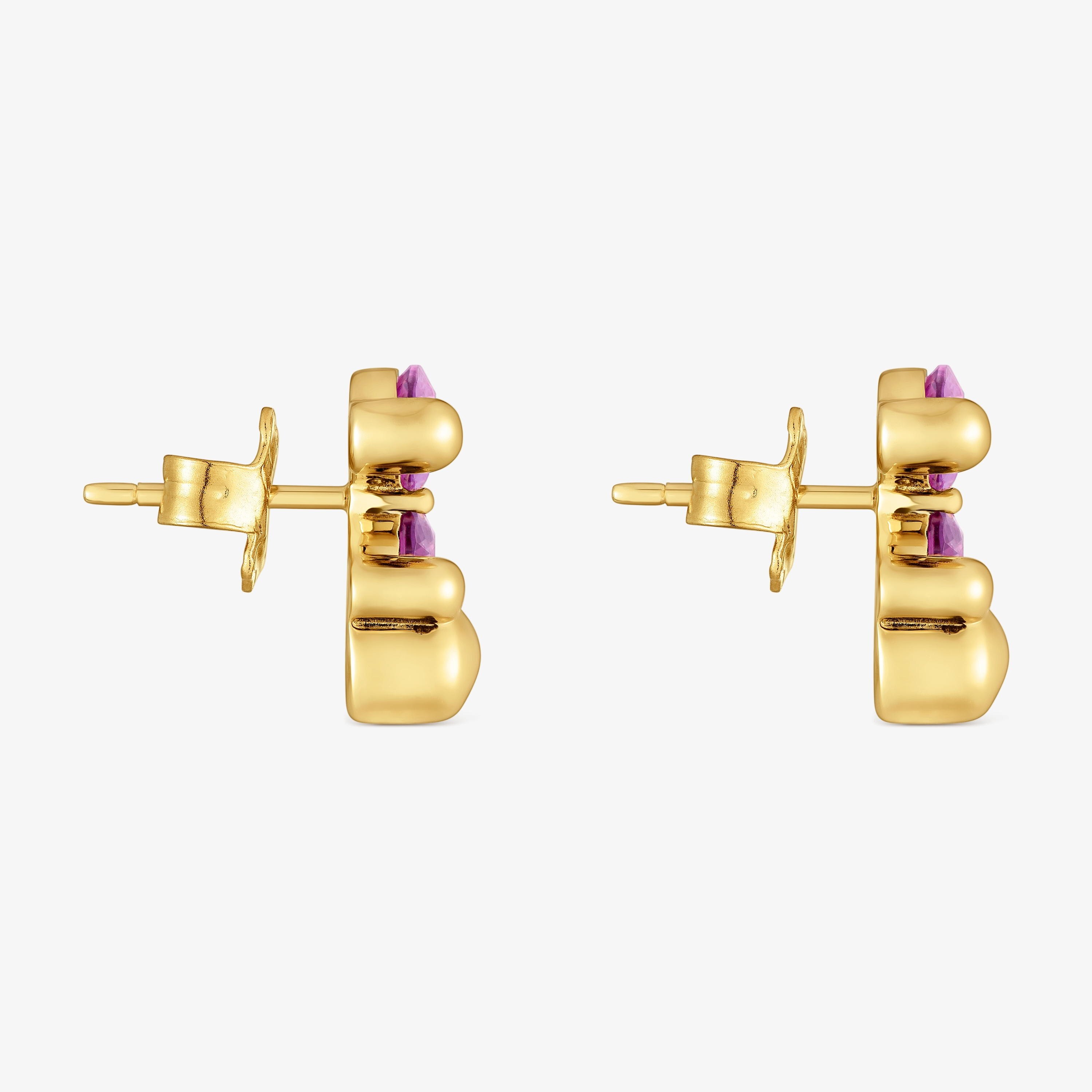 Pendientes motivo oso con baño de oro 18 kt sobre plata y zafiro lila creado en laboratorio 13 mm Color Bear LGG