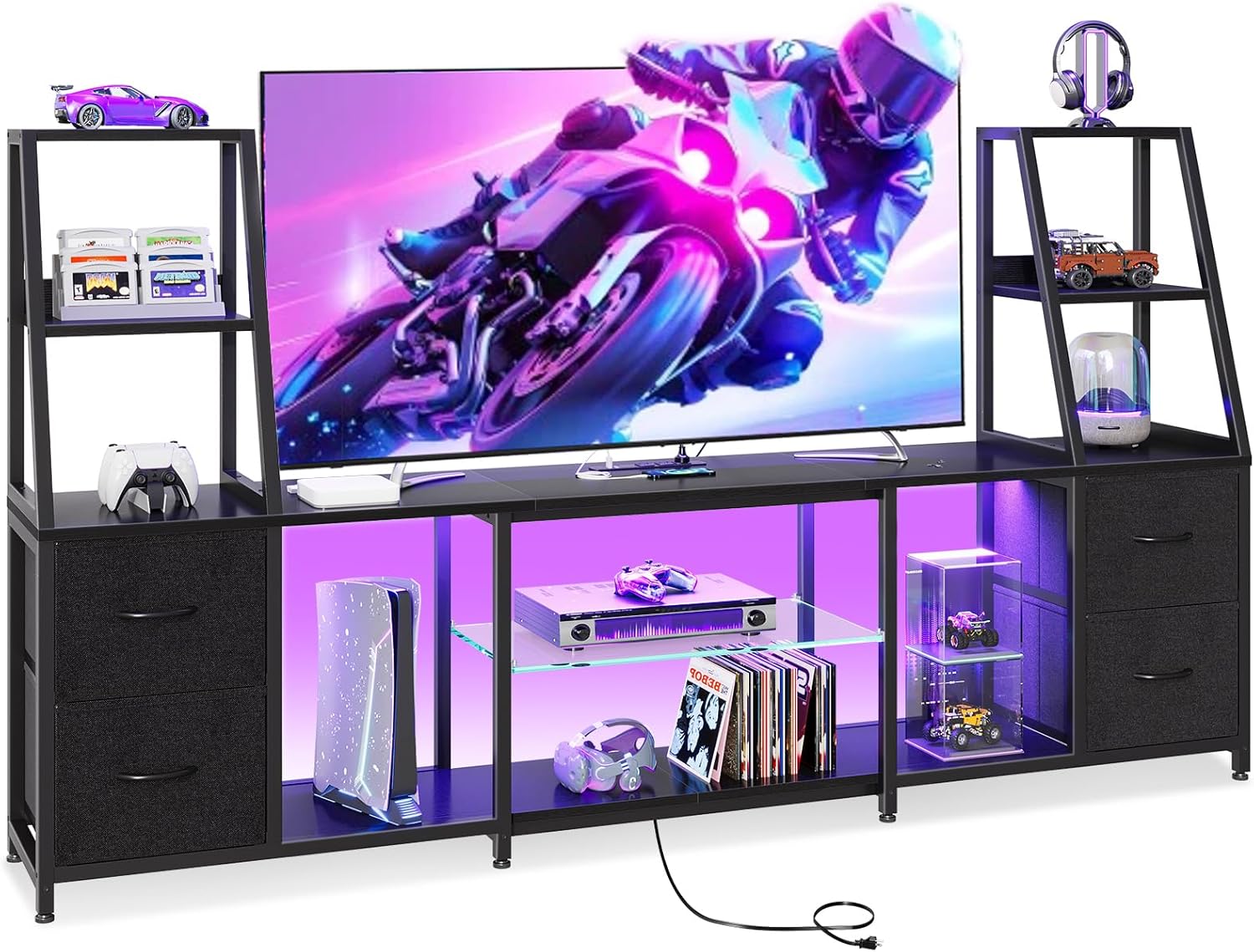 Casaottima LED TV Stand for 50–65 Inch TVs with Power Outlets & RGB Ligths, Gaming Entertainment Center with 4 Drawers & Storage, Media Console Supports Up to 75/85/95 Inch Wall-Mounted TVs, Black