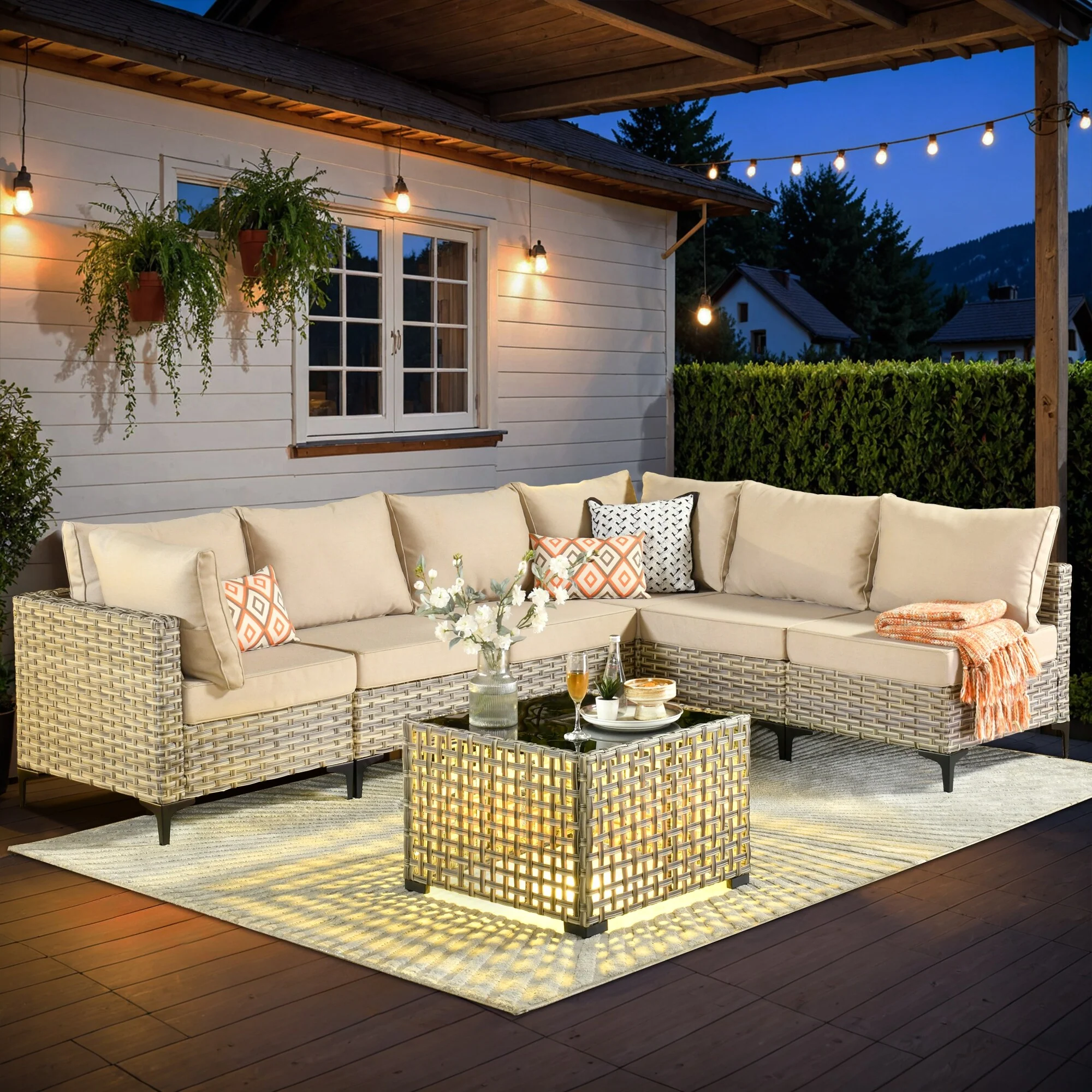 XIZZI 7-piece Outdoor Patio Furniture Rattan Wicker Modular Sofa Set with Table