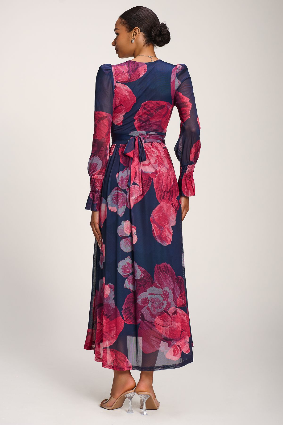 Jolie Moi Long Sleeve V Neck Mesh Maxi Dress