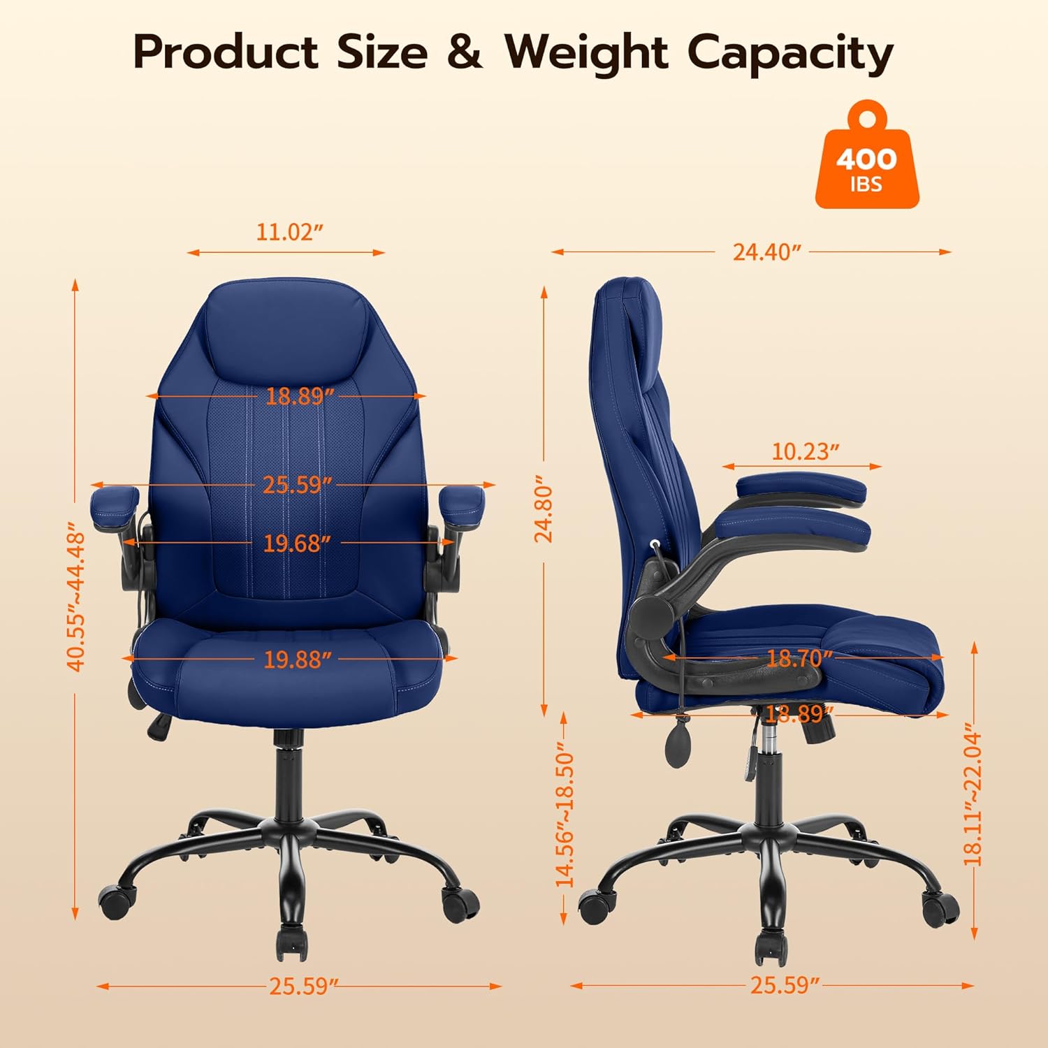 Office Desk Chair, Ergonomic Computer Chair with Padded Flip-Up Arms and Adjustable Lumbar Support, PU Leather Executive Chair with Tilt Lock and 360° Swivel Rolling Wheels for Work, Study