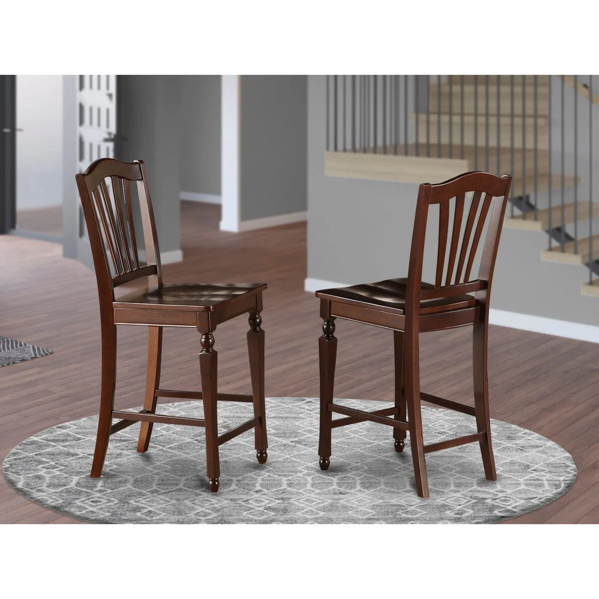 East West Furniture Chelsea Counter Height Chairs- Dining Room Chairs, Set of 2, Mahogany (Seat Options)