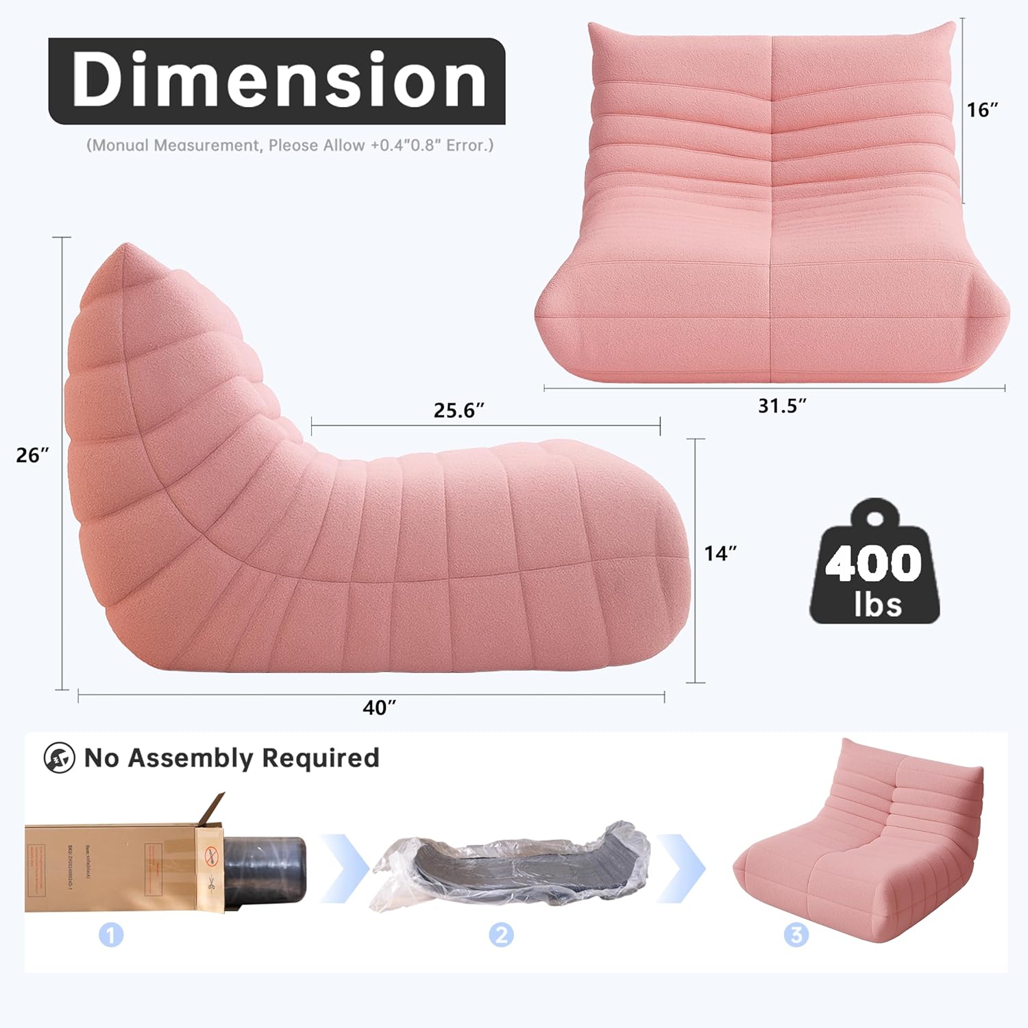 WHGBJA Bean Bag Chairs for Adults, BeanBag Reading Chair Memory Foam Couch, Floor Chair Soft Teddy Material, Comfy Reading Nook Chairs for Bedroom Living Room Office (Pink)