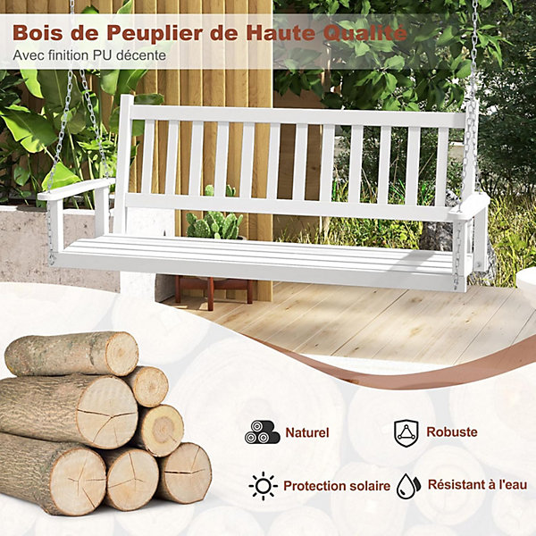 Balançelle Jardin Extérieur Chaise Hamac Siège Suspnedue en Bois avec Chaînes de Suspension Ajustables 168x65x63CM