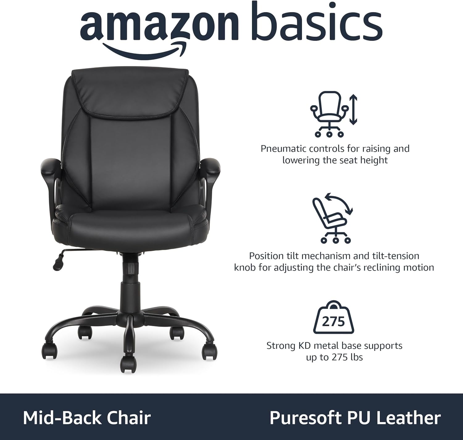 Amazon Basics Classic Puresoft PU Padded Mid-Back Office Desk Chair with Armrest, Easy Assembly, Sturdy Metal Base, Wheels, 275lb Support, 26D x 23.75W x 42H, Black