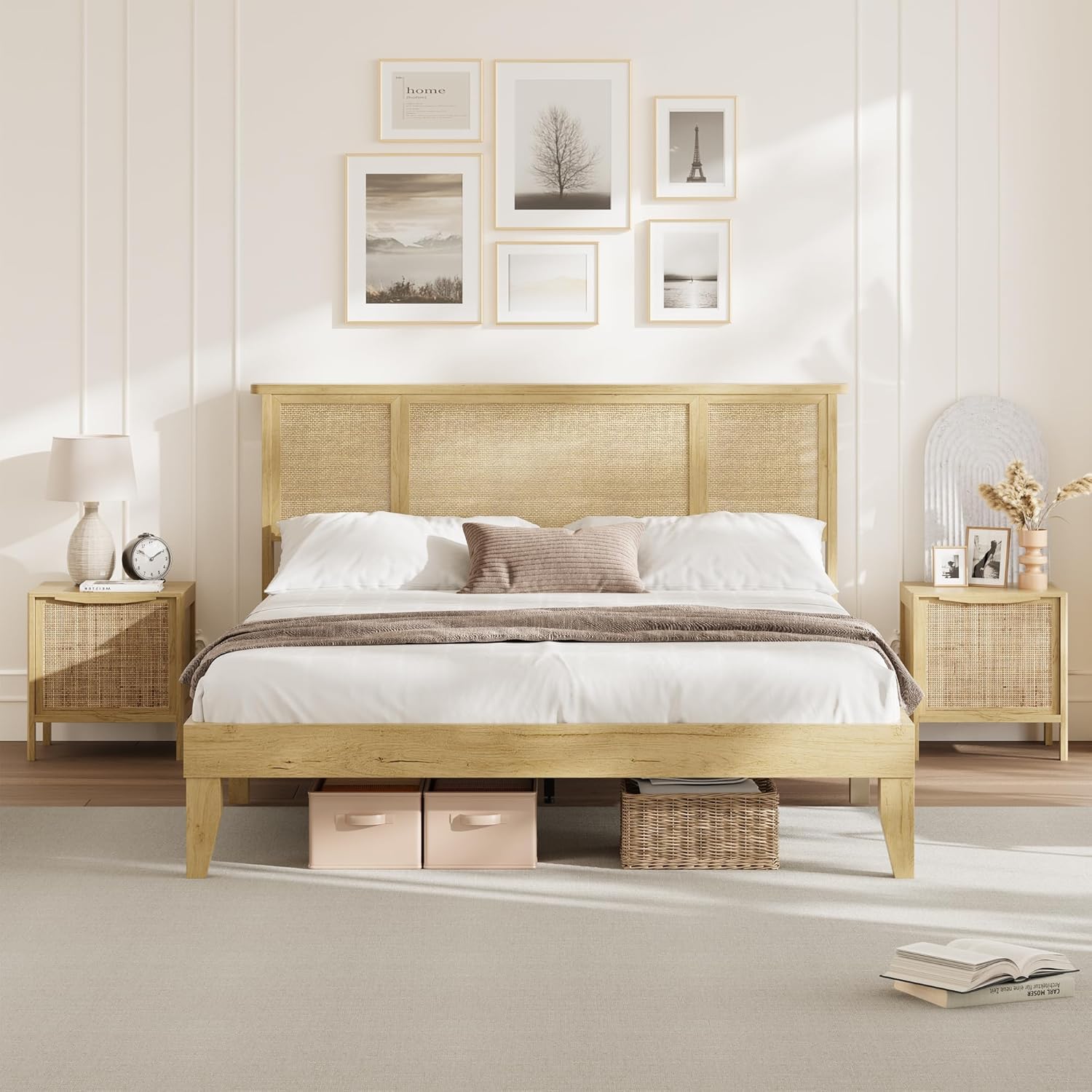 Rattan Bed Frame Queen with Natural Rattan Headboard, Sturdy Wooden Slats, Metal Platform Support, Silent Slats, No Box Spring Needed, Stylish and Robust Bedroom Furniture