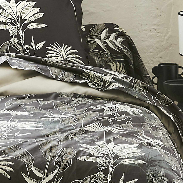 Housse de couette en satin aux feuilles tropicales (200x200 cm - Gris anthracite)