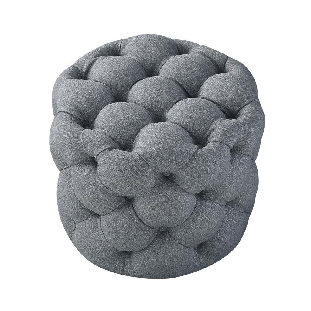 HomeRoots 21 Light Grey Linen With Black Tufted Round Ottoman
