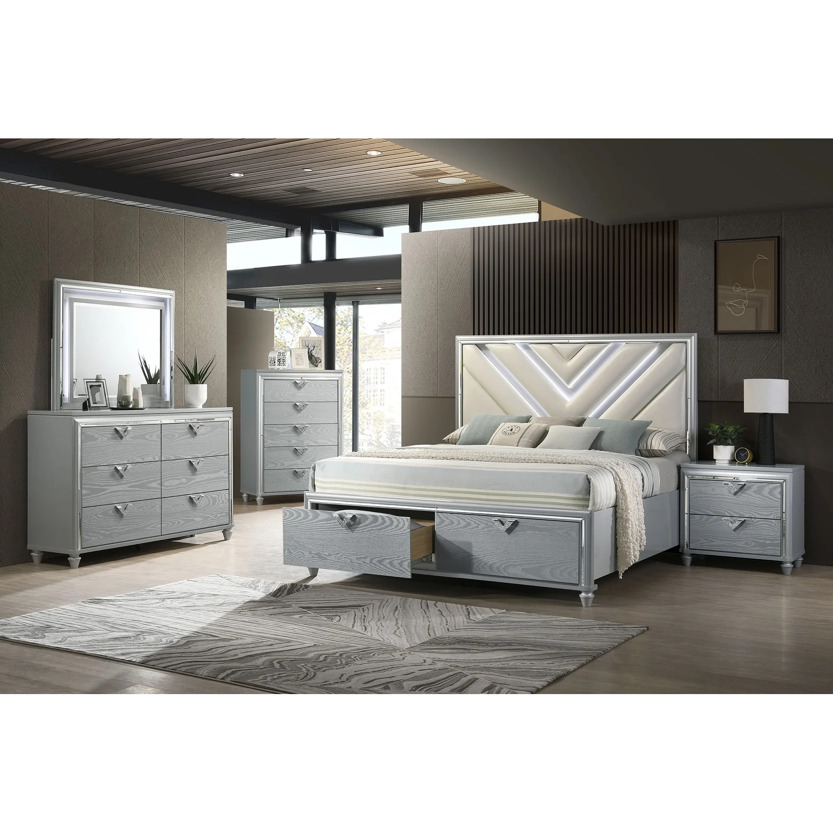 Veronica Bedroom Set with Upholstered LED Headboard Light Silver
